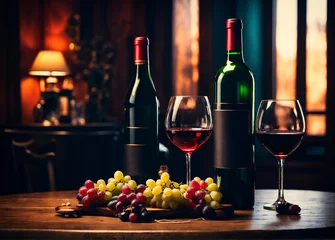 Fotobehang Bottles of red wine, glasses and grapes on a wooden table in a cozy atmospheric restaurant © Olena Kuzina