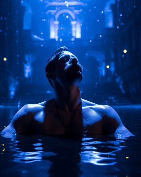 A muscular man sitting in the hut tub, strong model man taking bath and relaxing, dark blue lights shins, night time, looking up with sexy face and facial hair and beard, ai generated.