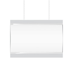 Hanging supermarket promotion banner display board vector mockup. Ceiling blank white sign holder for retail store realistic mock-up. Template for design