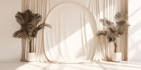A Serene Oasis. A White Room with a Round Mirror and Lush Palm Trees