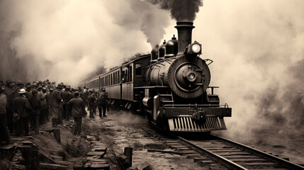 People boarding a steam train in the early 1900s - Powered by Adobe