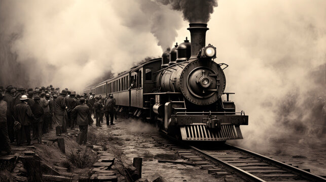 People boarding a steam train in the early 1900s