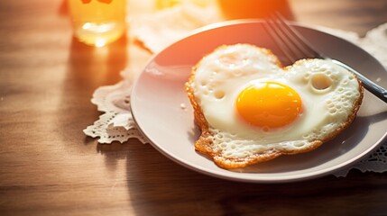Morning fried eggs in the form of a heart. Lovely Beautiful breakfast