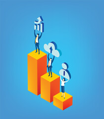 Business people stay on growth bars chart and hold up business icons as a symbol of sufficient progress working together, isometric illustration