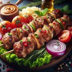 This is a photo of a plate of grilled meat skewers with vegetables and sauces on a blue background....