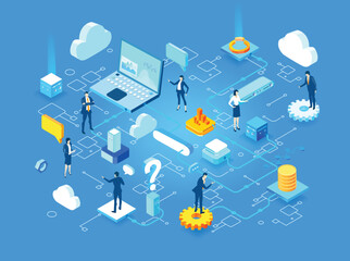 Successful business people working in server room, using technology for business, artificial intelligent, neural network for business. Isometric illustration - obrazy, fototapety, plakaty