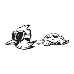 cute flying bird using goggle with smoke behind. bird racing illustration