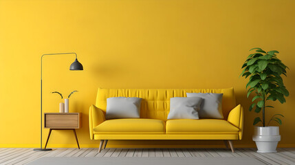 Loft home interior design of modern living room. Dark turquoise tufted sofa with virant yellow pillows against beige stucco wall with abstract art poster frame.