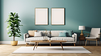 Loft home interior design of modern living room. Dark turquoise tufted sofa with virant yellow pillows against beige stucco wall with abstract art poster frame.