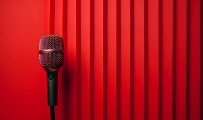 Podcast microphone wallpaper with red dampening foam background, copy space
