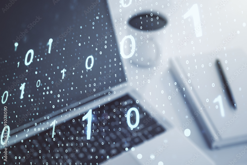 Fototapete double exposure of creative abstract binary code hologram on laptop background. database and program