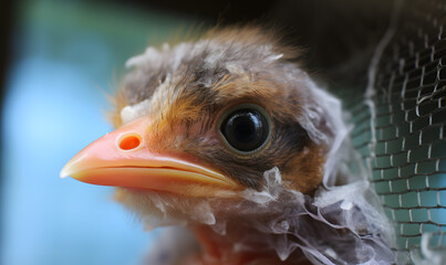 close up of a newly hatched baby bird unable to fly due to human care