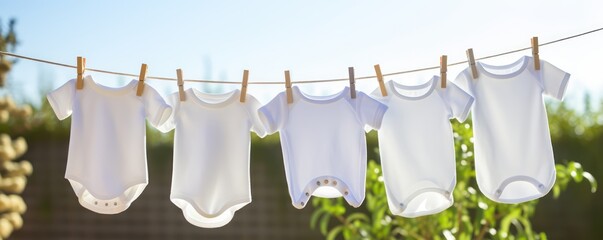 White baby clothes hanging on laundry line outdoors.  - obrazy, fototapety, plakaty