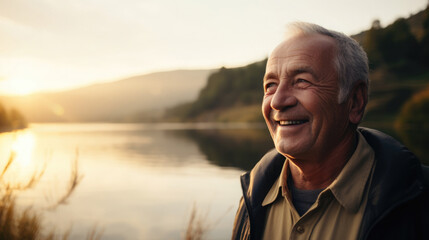 Smiling elderly fisherman catches fish, blurry lake scene at dawn. Conscious longevity. - obrazy, fototapety, plakaty