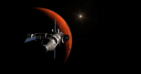 Spaceship arriving at planet Mars, space mission to the red plan