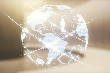 Virtual social network media hologram and world map on modern interior background. Double exposure