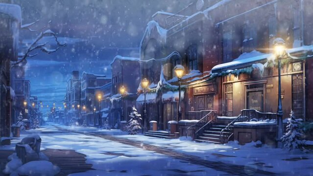 Winter urban vibes. city streets covered in snowfall with beautiful night sky and stars, anime ilustration style. seamless Looping time lapse animation. Generated with AI