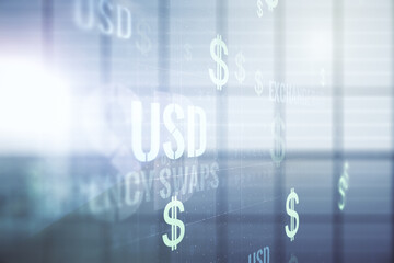 Virtual USD symbols illustration on empty corporate office background. Trading and currency concept. Multiexposure
