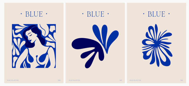 Arte abstracto inspirado en estilo de Matisse, arte moderno decorativo, p&oacute;ster de ilustraci&oacute;n vectorial. Colecci&oacute;n de decoraci&oacute;n floral moderna y arte creativo. Arte moderno. Est&eacute;tica minimal. Azul.