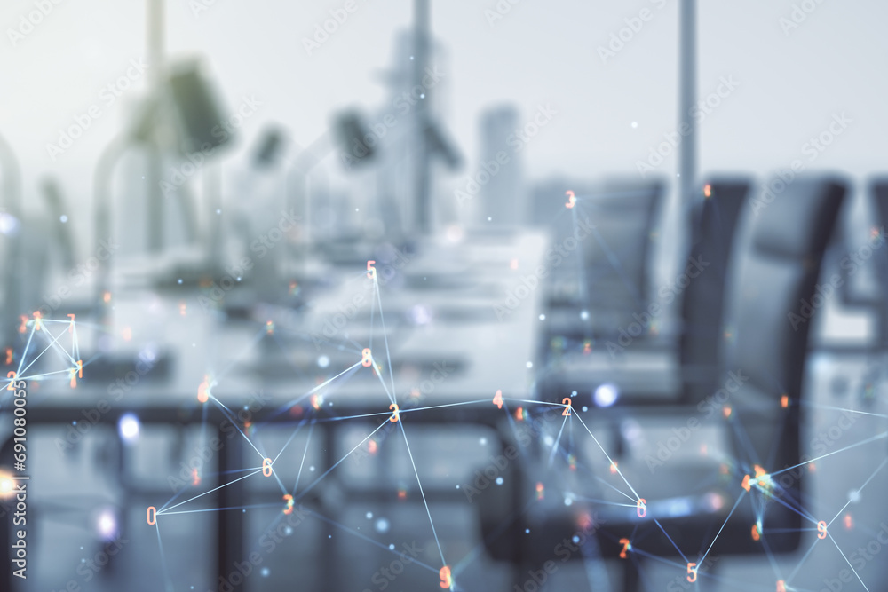 Poster abstract virtual wireless technology hologram on a modern furnished office background. big data and 