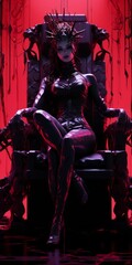 A goth girl with gothic devil sexy costume cosplay sitting on a strange weird chair, in a dark red room, evil girl, mistress fetish wearing corset and lingerie, horror style, generated by AI.