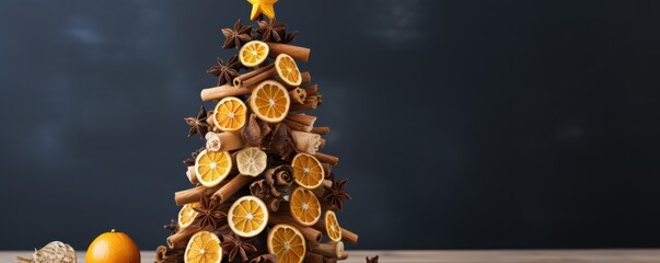 Zero waste Christmas. Christmas tree decorated with wooden decorations - obrazy, fototapety, plakaty