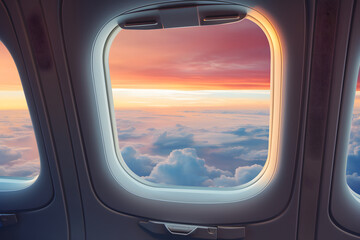 Fototapeta premium Himmelserwachen: Faszinierender Blick aus einem Flugzeugfenster auf endlose Horizonte