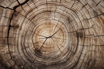 A close up macro texture and pattern of the aged grungy cracked tree trunk wallpaper, brown color and high detailed tree wood, round circle wood body, generated by AI. - obrazy, fototapety, plakaty