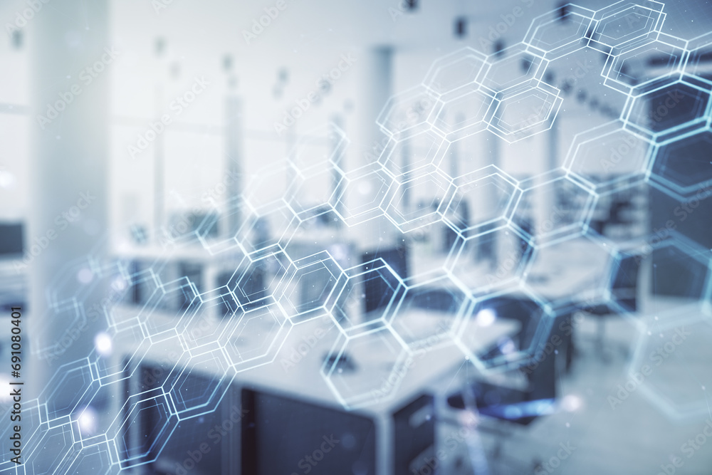 Aufkleber Abstract virtual wireless technology hologram with hexagon on a modern furnished classroom background, artificial intelligence and machine learning concept. Multi exposure