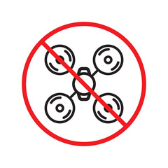 Prohibited drone vector icon. No flying drone icon. Forbidden drone icon. No drone zone vector sign. Warning, caution, attention, restriction, danger flat sign design symbol pictogram