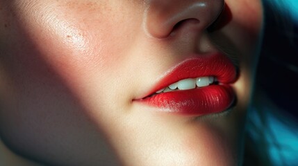 Fototapeta premium Close-up of lips of beautiful woman with red glossy lipstick. Concept of fashion bright makeup and natural beauty. Illustration for cover, interior design, advertising, marketing or presentation.