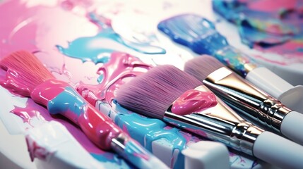 Brushes of different thicknesses with drops of thick oil paint lie on the surface. Mixing bright...
