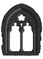 Fototapeta na wymiar Gothic window plate tracery stylized drawing. Architectural stone engraving; european medieval cathedral/church frame illustration