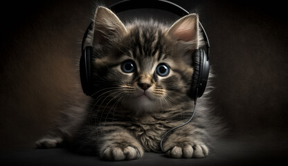 Fototapeta na wymiar small kitten in studio headphones. selective focus. Generative AI,