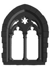 Gothic window plate tracery stylized drawing. Architectural stone engraving; european medieval cathedral/church frame illustration