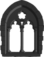 Gothic window plate tracery stylized drawing. Architectural stone engraving; european medieval cathedral/church frame illustration, vector