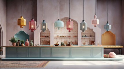 Elegant and contemporary kitchen design featuring pastel colors and middle eastern-style lamps