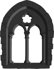 Gothic window plate tracery stylized drawing. Architectural stone engraving; european medieval cathedral/church frame illustration, vector