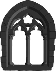 Gothic window plate tracery stylized drawing. Architectural stone engraving; european medieval cathedral/church frame illustration, vector
