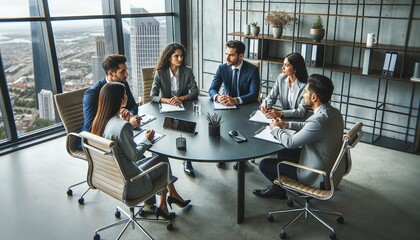 A team of focused professionals engaging in a serious discussion during a meeting in a high-rise office setting - obrazy, fototapety, plakaty