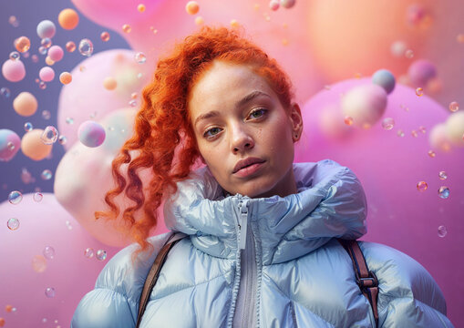 Red-haired young woman in blue winter jacket, surrounded by colorful bubbles and clouds