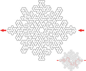 Find the way through lthe snowflake labyrinth. Medium difficulty puzzle. Creative Christmas flat maze related to frost, winter, new year, cold temperature. Simple vector style.
