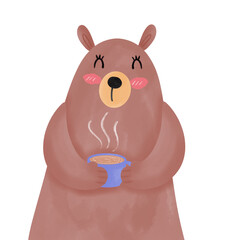 Cute cartoon bear holding a blue coffee cup to drink