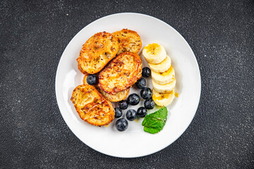 sweet breakfast French toast berrie, banana pancake fresh cooking meal food snack on the table copy space food background rustic top view
