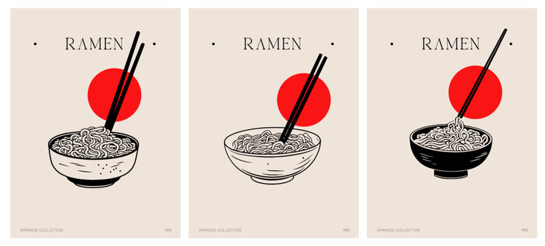P&oacute;ster comida japonesa. P&oacute;ster vectorial. Ramen. Maneki-neko. Cultura japonesa. Jap&oacute;n. Ilustraci&oacute;n. Rojo y negro.. 