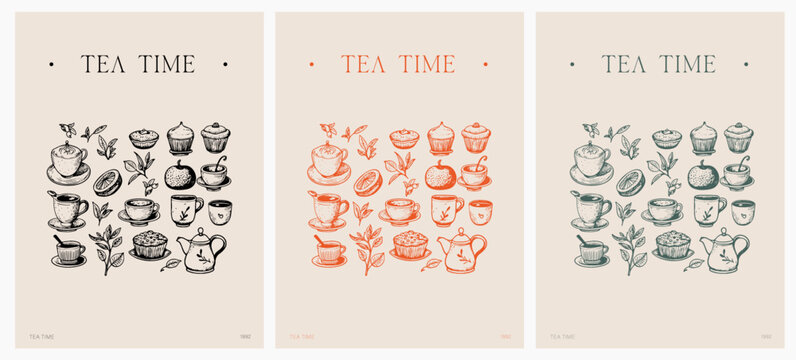 Póster ilustraciones vectoriales de té. Sketch. Vintage. Ilustración. Vegetales. Colores. Póster. Dibujo a mano. Hora del té.