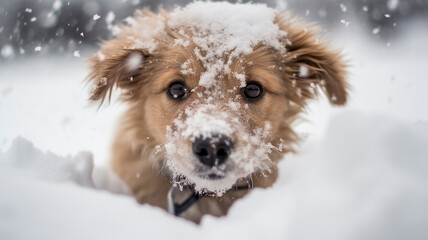 cute dog puppy in the snow in winter close up