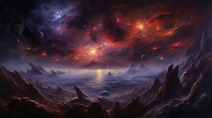 A cosmic panorama capturing the grandeur of a galaxy, with its spiral arms adorned by clusters of brilliant stars and cosmic dust.