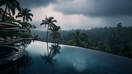 Fototapeta na wymiar swimming pool overlooking palm trees on an exotic holiday