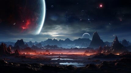 A cosmic panorama of a distant planetary system, showcasing the diverse landscapes and intriguing features of alien worlds.
